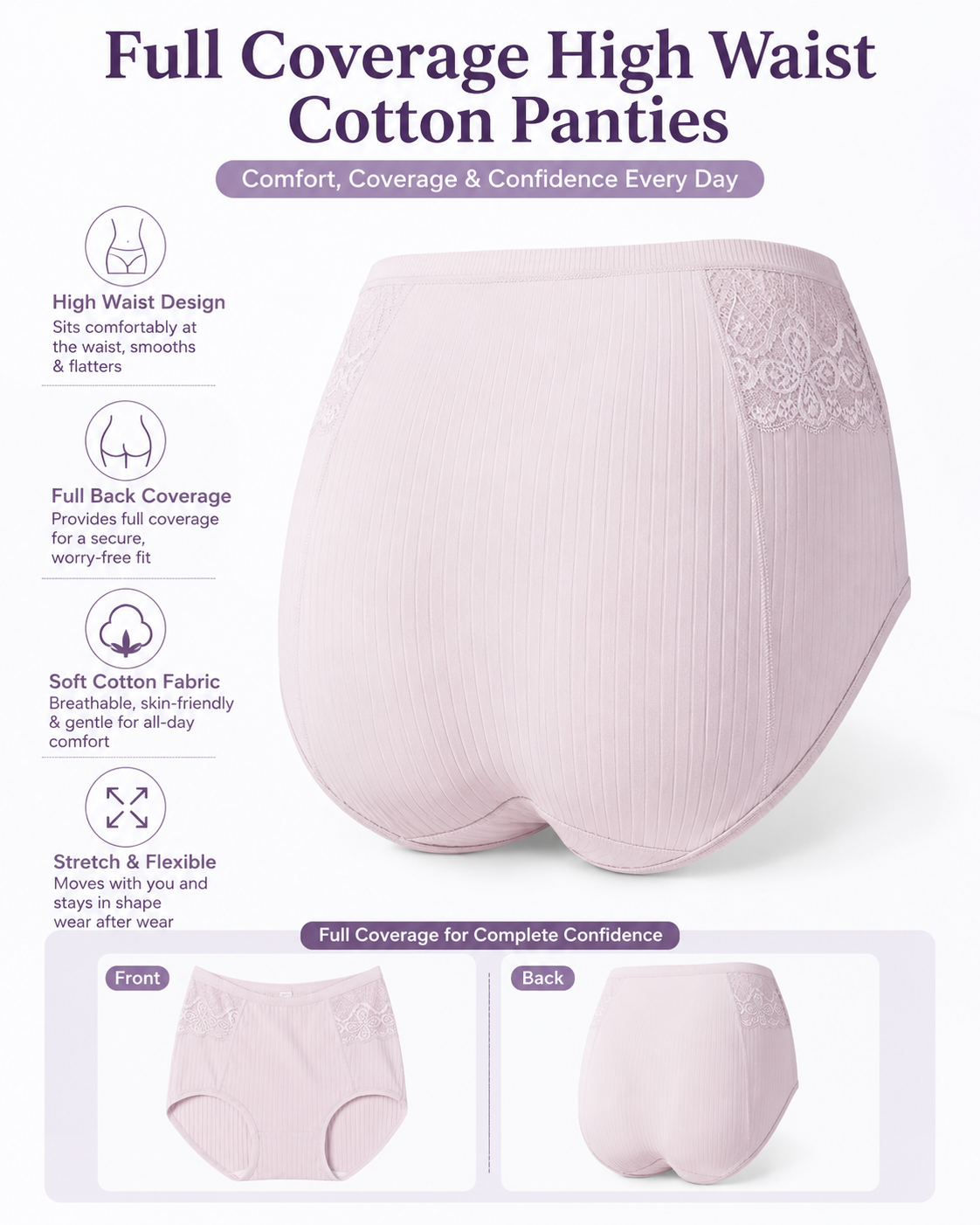 High Waisted Cotton Ribbed Breathable Underwear