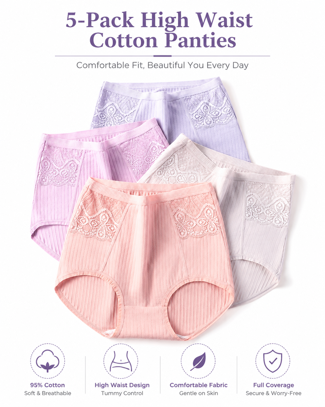 High Waisted Cotton Ribbed Breathable Underwear