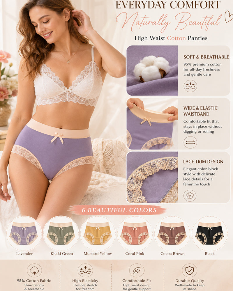 Gentle Cotton Lace-Trim Colorblock Panties